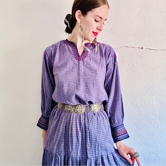 80s VTG Cotton Purple Plaid Mexican Indian Embroidered Skirt Folk Art Skirt Set - Picture 8 of 16